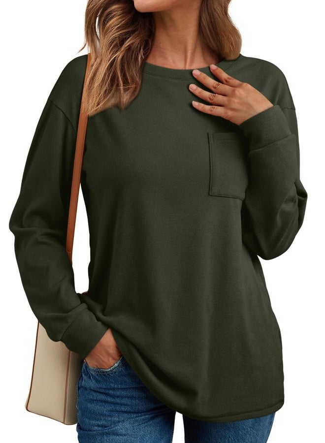 AUTOMET Womens Long Sleeve T Shirts Fall Tops Crewneck Oversized Sweatshirts Winter Cute Clothing Trendy Teacher Outfits, Army Green, XL - Image 1