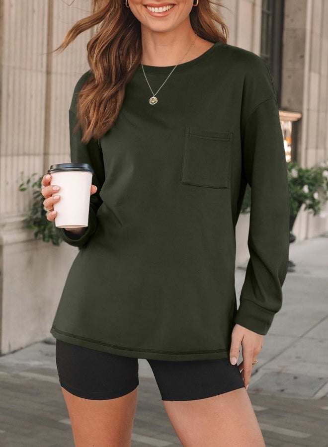 AUTOMET Womens Long Sleeve T Shirts Fall Tops Crewneck Oversized Sweatshirts Winter Cute Clothing Trendy Teacher Outfits, Army Green, XL - Image 2