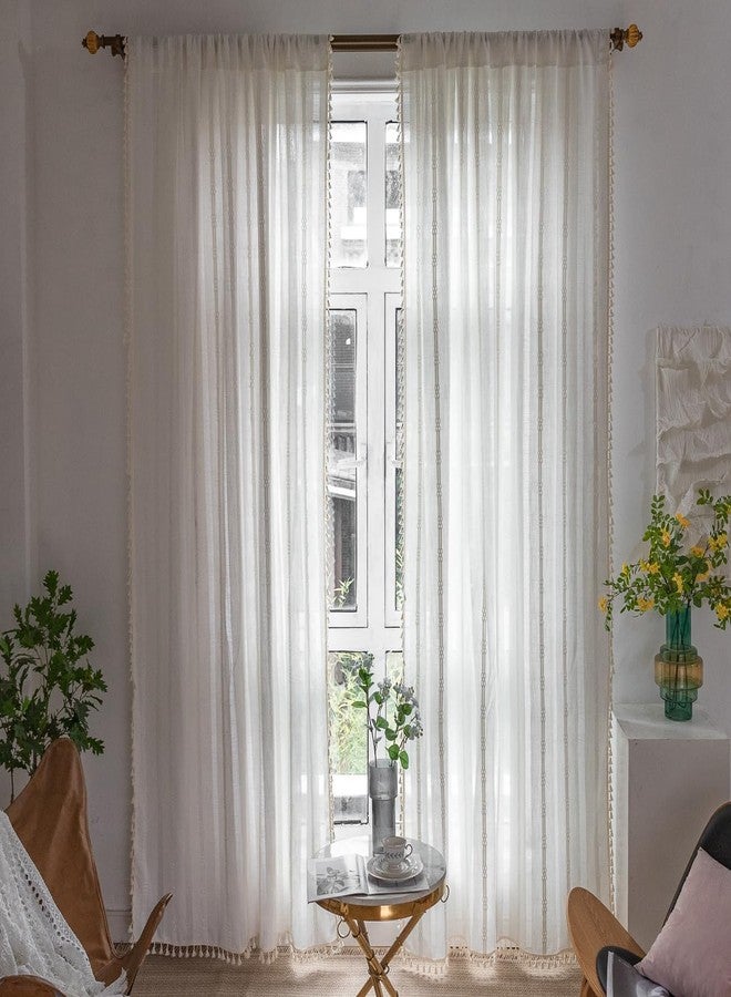 BCLBUSTE Boho Curtains Embroidery Linen Curtains 108 Inches Long 2 Pannels for Bedroom Off White Country Farmhouse Curtains Light Filtering Curtains for Living Room Rod Pocket Drapes(52" W x 108" L,White) - Image 2