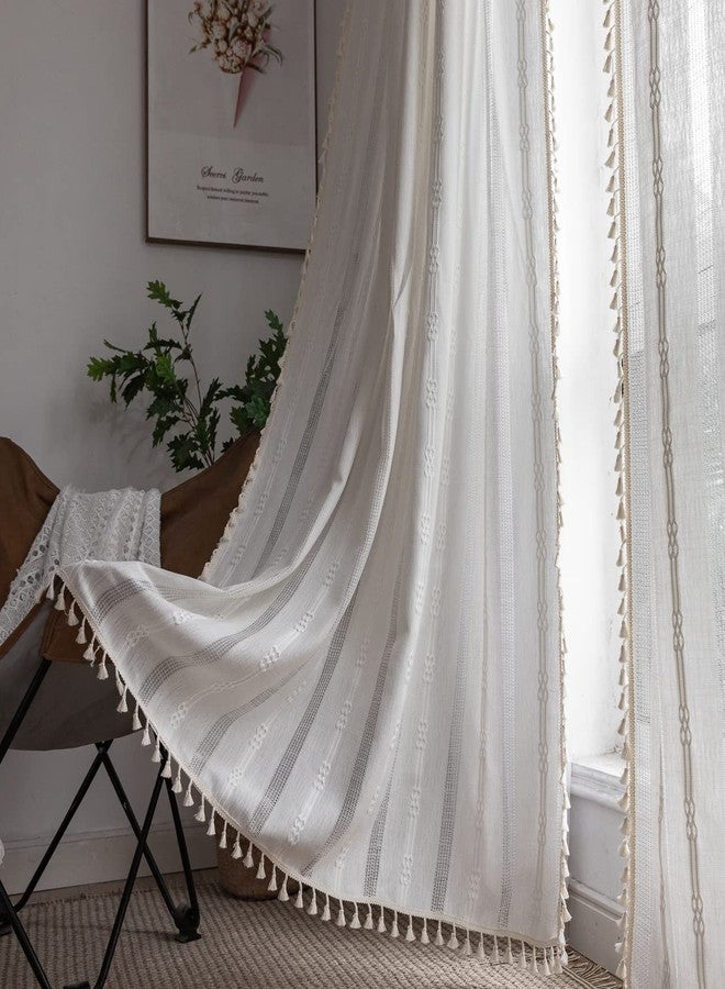 BCLBUSTE Boho Curtains Embroidery Linen Curtains 108 Inches Long 2 Pannels for Bedroom Off White Country Farmhouse Curtains Light Filtering Curtains for Living Room Rod Pocket Drapes(52" W x 108" L,White) - Image 1