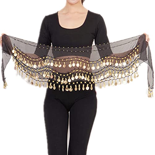 XHBTS Multi-Row Gold Coins Belly Dance Wrap & Hip Scarf, Simple Classical Style -Black 128 Gold Coins Dance Skirt and Face Tattoo Sticker Metallic Temporary Transfer Tattoo - Image 5