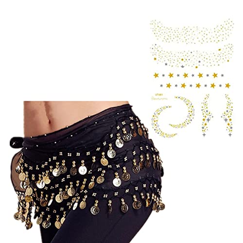 XHBTS Multi-Row Gold Coins Belly Dance Wrap & Hip Scarf, Simple Classical Style -Black 128 Gold Coins Dance Skirt and Face Tattoo Sticker Metallic Temporary Transfer Tattoo - Image 1