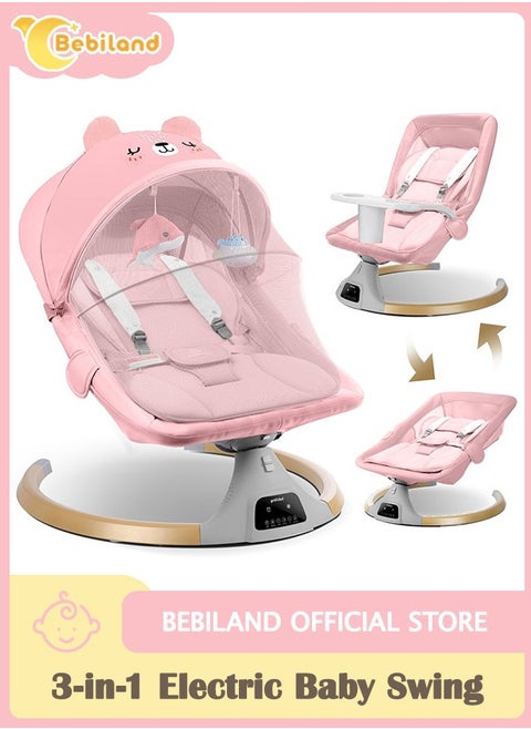 Bear Shape Baby Swing with Detachable Dinner Plate, 3-in-1 Electric Rocking Chair with Remote Control, 4 Gears Sway Time, Bluetooth Support Baby Bouncer for 0-24 Months Toddler Infant (Pink)