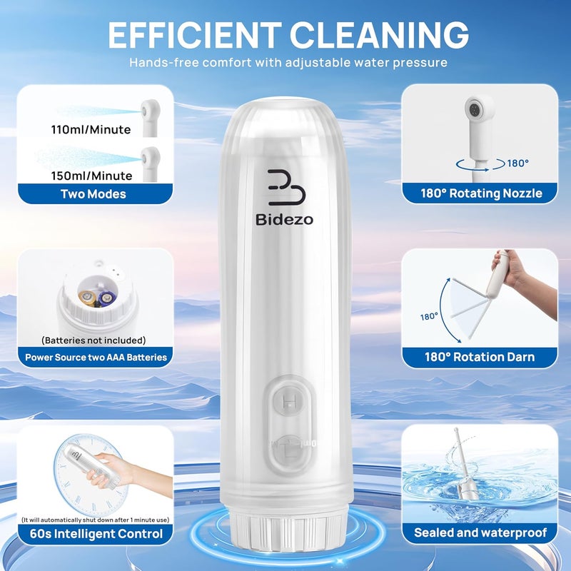 Bidezo Portable Bidet, Mini IPX6 Waterproof Handheld Personal Travel Bidet with 2 Pressure Modes, 180° Adjustable Nozzle for Personal Hygiene/Soothing Postpartum Care/Perineal & Hemmoroid Treatment - Image 2