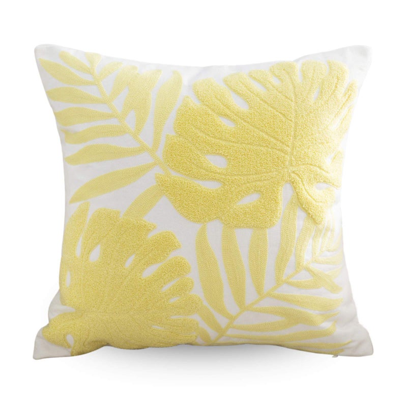 Hodeco Hodeco Embroidery Throw Pillow Covers 18x18 Floor Pillow Cover for Couch Bed Room Chair 100% Cotton Loop Embroidered Light Yellow Tropical Leaves Cushion Cover Square Pillow Case 45x45cm  1 Piece 