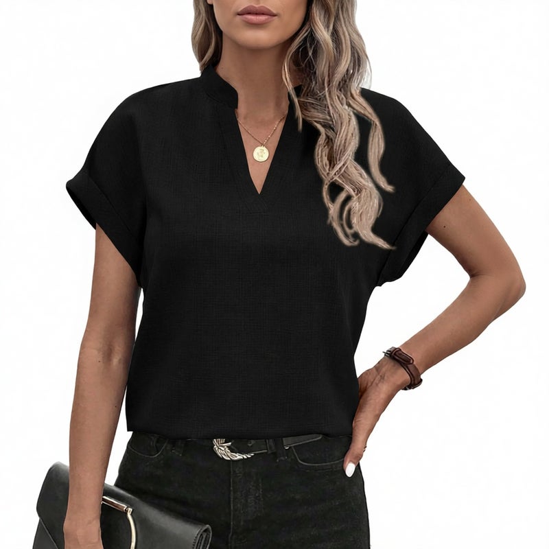 Women's V-Neck Short Sleeve Linen Blouse Casual Summer Top - Image 4