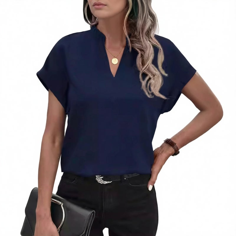 Women's V-Neck Short Sleeve Linen Blouse Casual Summer Top - Image 2