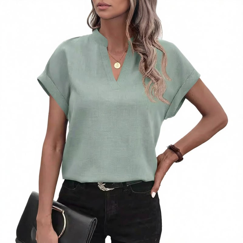 Women's V-Neck Short Sleeve Linen Blouse Casual Summer Top - Image 3