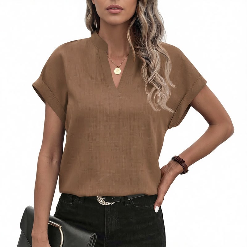Women's V-Neck Short Sleeve Linen Blouse Casual Summer Top - Image 5