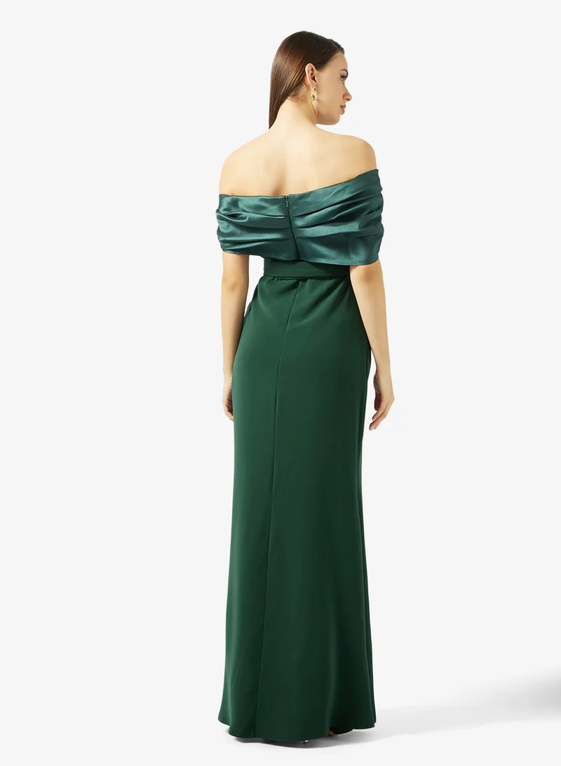 نمشي x فستان بلونين بكتف غير متماثل ودرابيه