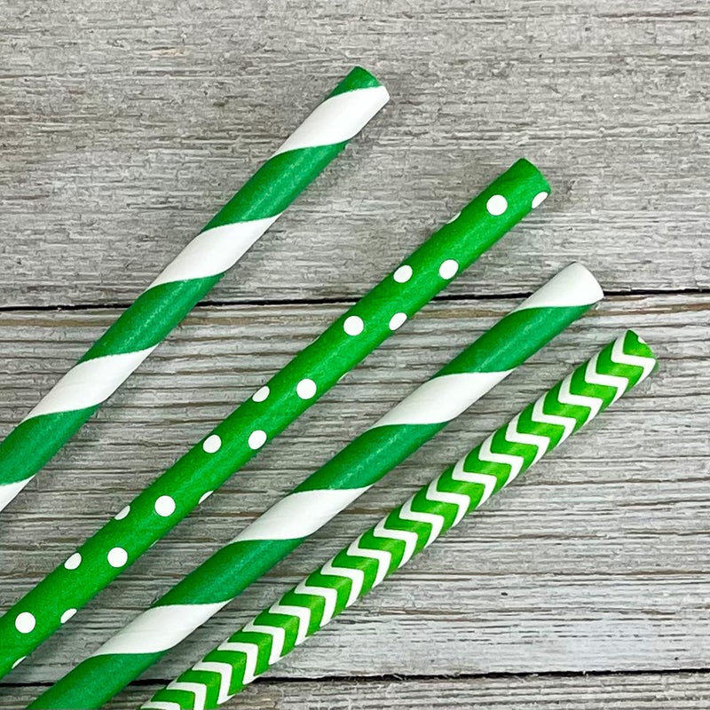 Outside the Box Pape Green and White Paper Straws - Stripe Chevron Polka Dot - Birthday Christmas St Patrick's Day Supply - 100 Pack Outside the Box Papers - Image 2