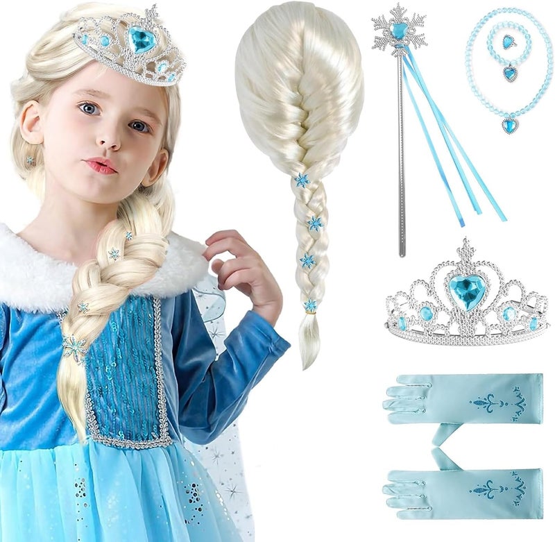 SWIUKPHE 7-Piece Princess Costume Set for Girls with Blonde Braid Wig, Tiara, Gloves, Necklace, Bracelet, Earrings, and Wand - Image 1
