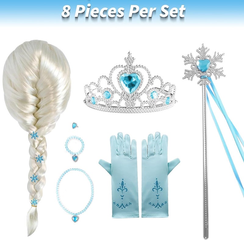 SWIUKPHE 7-Piece Princess Costume Set for Girls with Blonde Braid Wig, Tiara, Gloves, Necklace, Bracelet, Earrings, and Wand - Image 4