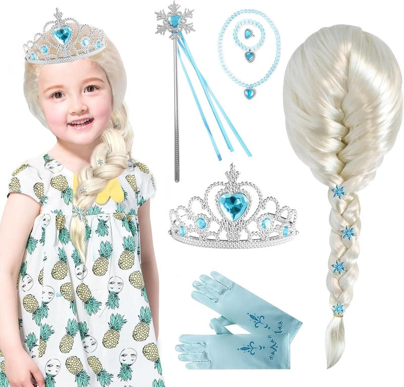 SWIUKPHE 7-Piece Princess Costume Set for Girls with Blonde Braid Wig, Tiara, Gloves, Necklace, Bracelet, Earrings, and Wand - Image 2