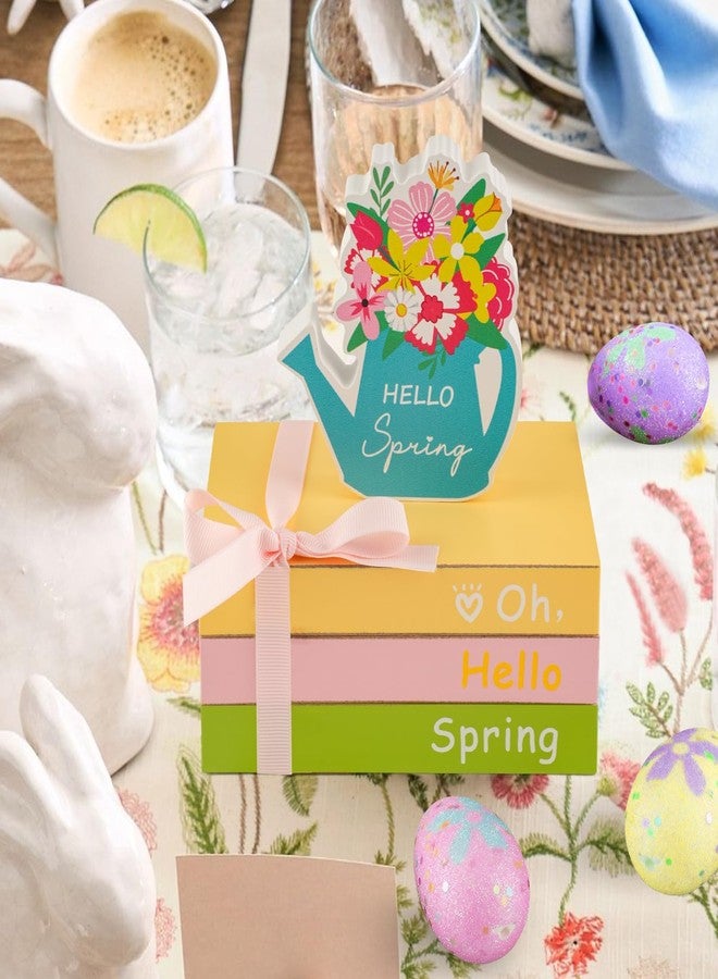 SYNCVIBE Spring Decoration for Home Tiered Tray Decor, Wooden Faux Book Stack with Floral Watering Can Sign, Pastel Easter Hello Spring Tabletop Decorations for Home Office Mantel Shelf Desk Decor Centerpiece - Image 5