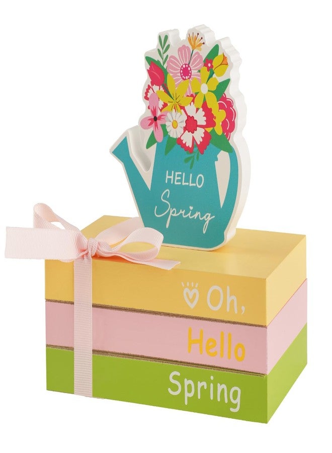 SYNCVIBE Spring Decoration for Home Tiered Tray Decor, Wooden Faux Book Stack with Floral Watering Can Sign, Pastel Easter Hello Spring Tabletop Decorations for Home Office Mantel Shelf Desk Decor Centerpiece - Image 1