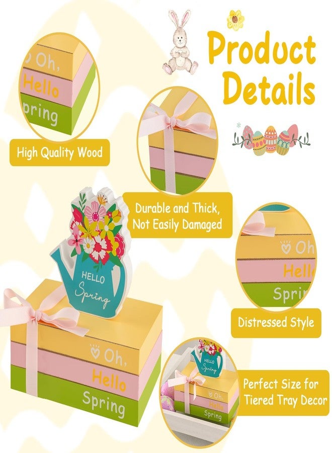 SYNCVIBE Spring Decoration for Home Tiered Tray Decor, Wooden Faux Book Stack with Floral Watering Can Sign, Pastel Easter Hello Spring Tabletop Decorations for Home Office Mantel Shelf Desk Decor Centerpiece - Image 2