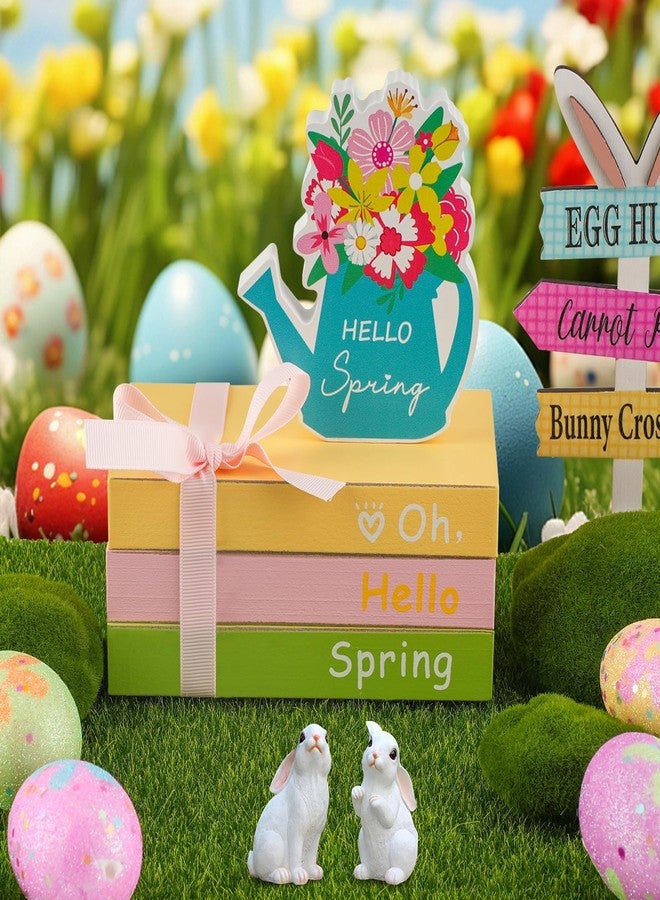 SYNCVIBE Spring Decoration for Home Tiered Tray Decor, Wooden Faux Book Stack with Floral Watering Can Sign, Pastel Easter Hello Spring Tabletop Decorations for Home Office Mantel Shelf Desk Decor Centerpiece - Image 4