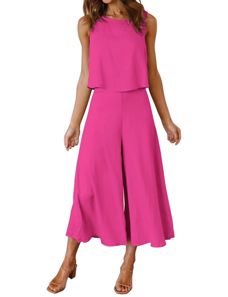 ROYLAMP Women's Summer 2 Piece Outfits Round neck Crop Basic Top Cropped Wide Leg pants Set Jumpsuits Rose Red M - Image 1