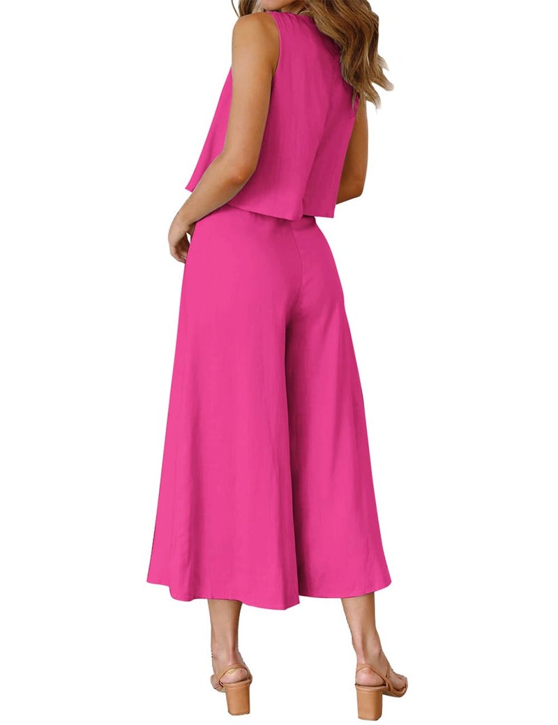 ROYLAMP Women's Summer 2 Piece Outfits Round neck Crop Basic Top Cropped Wide Leg pants Set Jumpsuits Rose Red M - Image 3