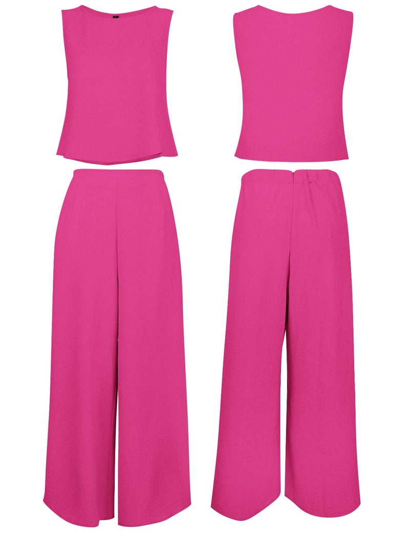 ROYLAMP Women's Summer 2 Piece Outfits Round neck Crop Basic Top Cropped Wide Leg pants Set Jumpsuits Rose Red M - Image 5