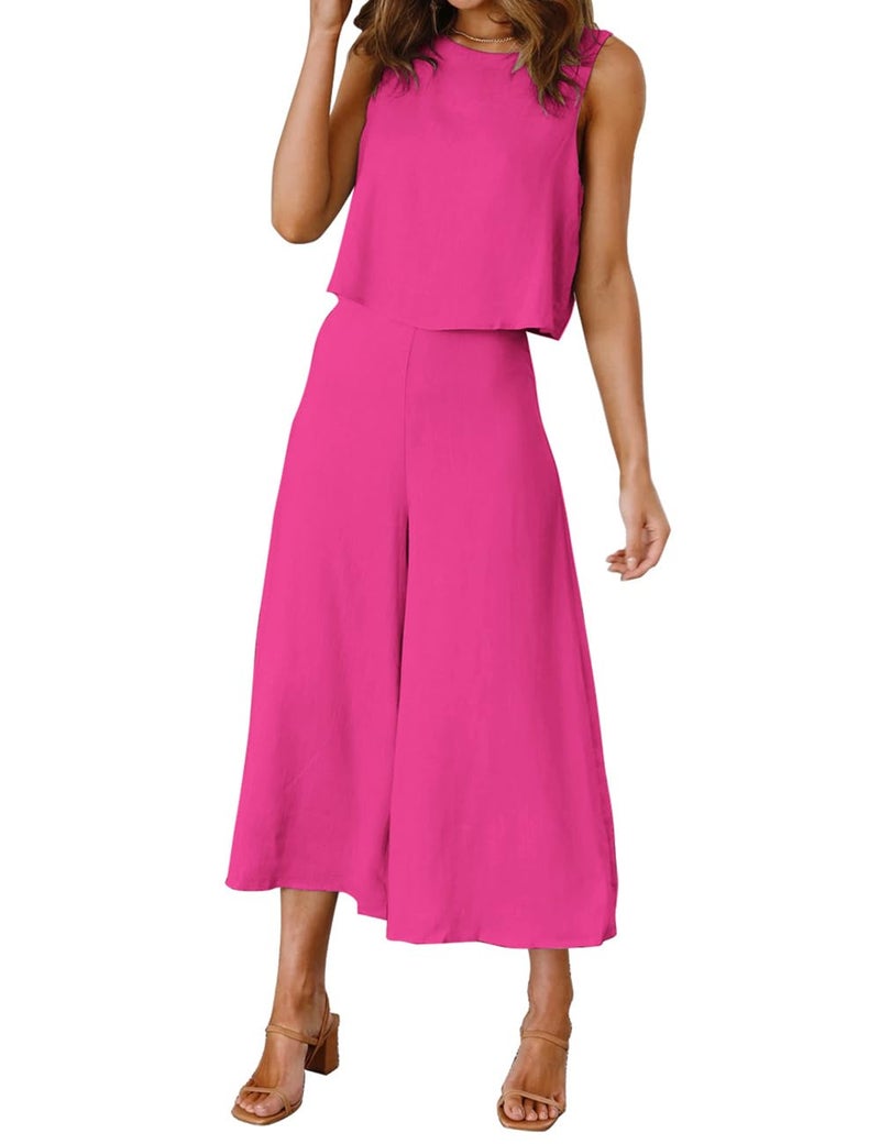 ROYLAMP Women's Summer 2 Piece Outfits Round neck Crop Basic Top Cropped Wide Leg pants Set Jumpsuits Rose Red M - Image 2
