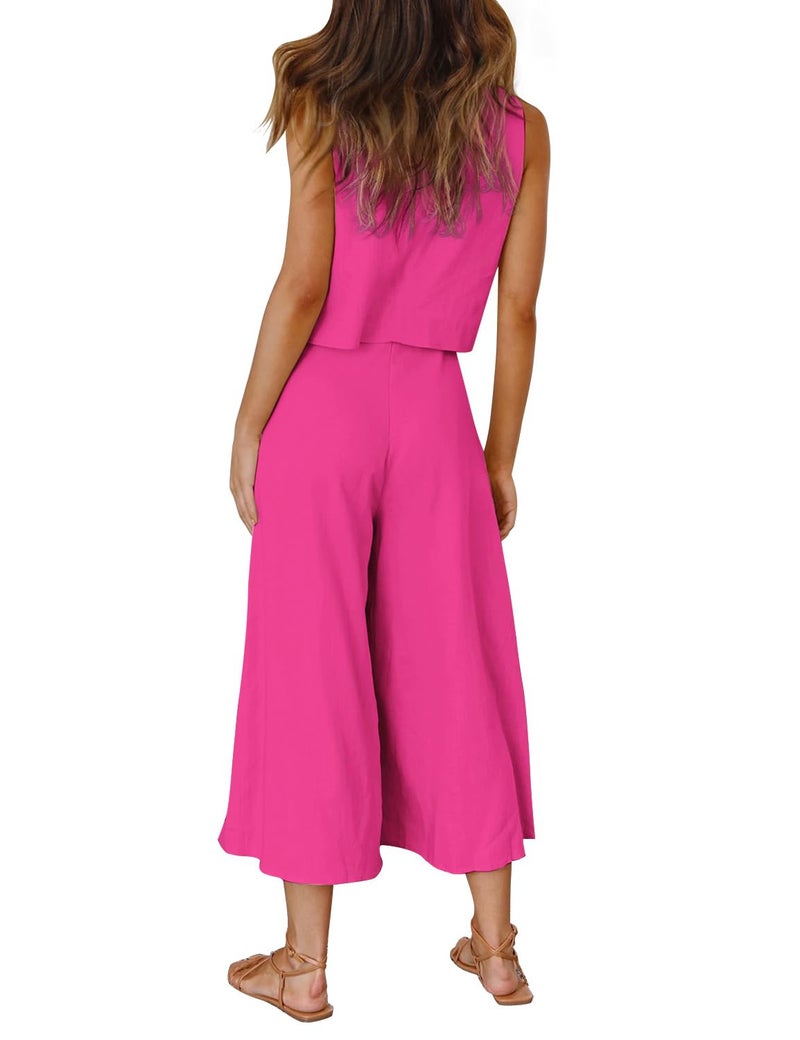 ROYLAMP Women's Summer 2 Piece Outfits Round neck Crop Basic Top Cropped Wide Leg pants Set Jumpsuits Rose Red M - Image 4