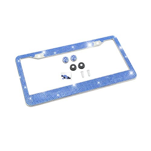 YALOK Bling Car License Plate Frame, Sparkly Rhinestone Stainless Steel License Plate Cover/Holder, Universal for Most Cars, SUVs, Vehicles with Screw Set, Auto Accessories for Women (Dark Blue) - Image 1