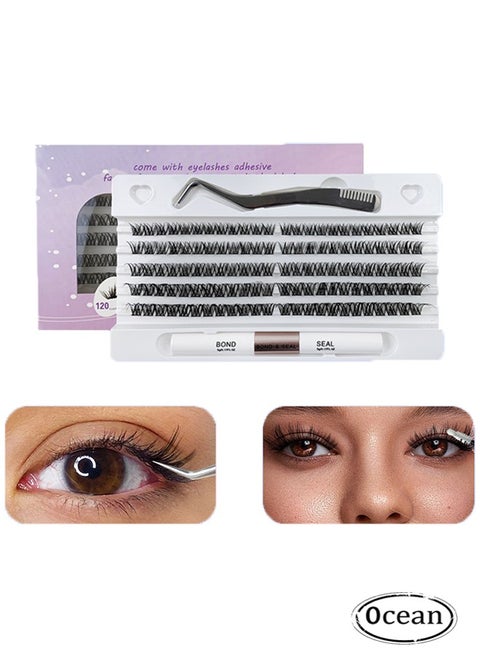 False Lashes Set, Individual Eyelashes 120 Root Cluster Lashes DIY Eyelash Extension False Lashes Natural Look Reusable Lashes, Black Individual False Eyelashes with Eyelash Glue and Tweezers