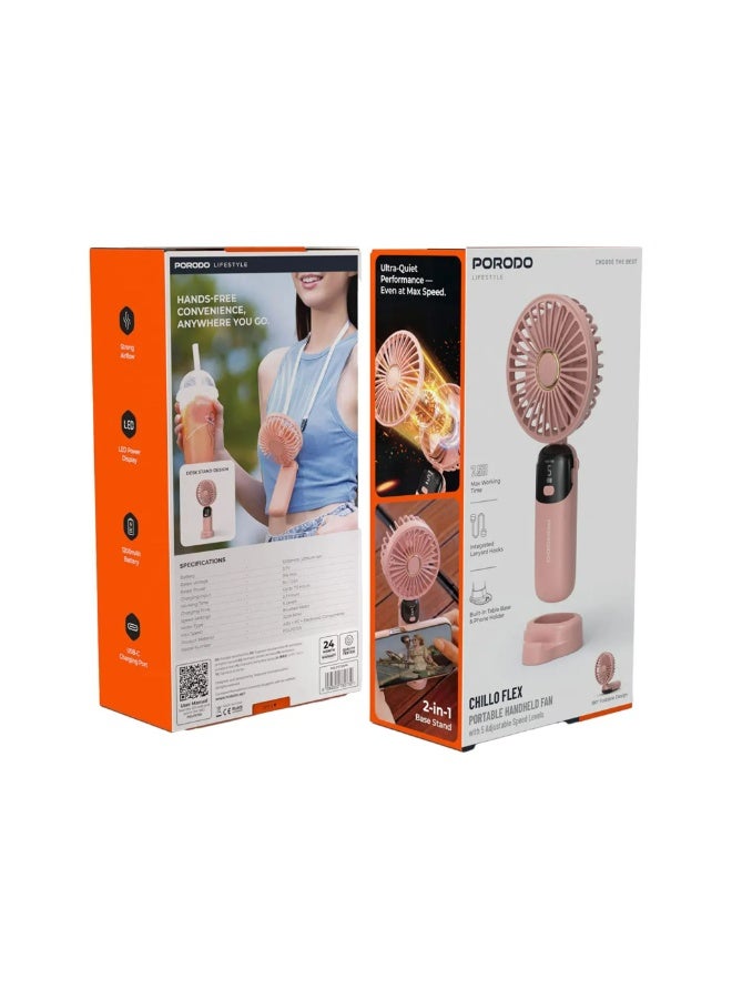 porodo Chillo Flex Portable Handheld Fan – 1200mAh Rechargeable Battery, Up to 7.5H Runtime, 5-Speed Settings, 3200RPM Strong Airflow, LED Power Display, USB-C Fast Charging, Handheld & Desktop Use with Phone Holder, Lightweight ABS+PC Body, Ultra-Quiet Personal Cooling Fan - Image 2