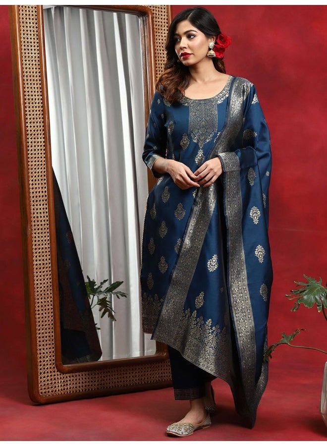 AKS Blue Woven Design Taffeta Kurta & Pant With Dupatta Set  - Image 5