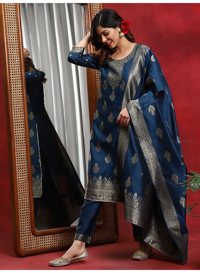 AKS Blue Woven Design Taffeta Kurta & Pant With Dupatta Set  - Image 4
