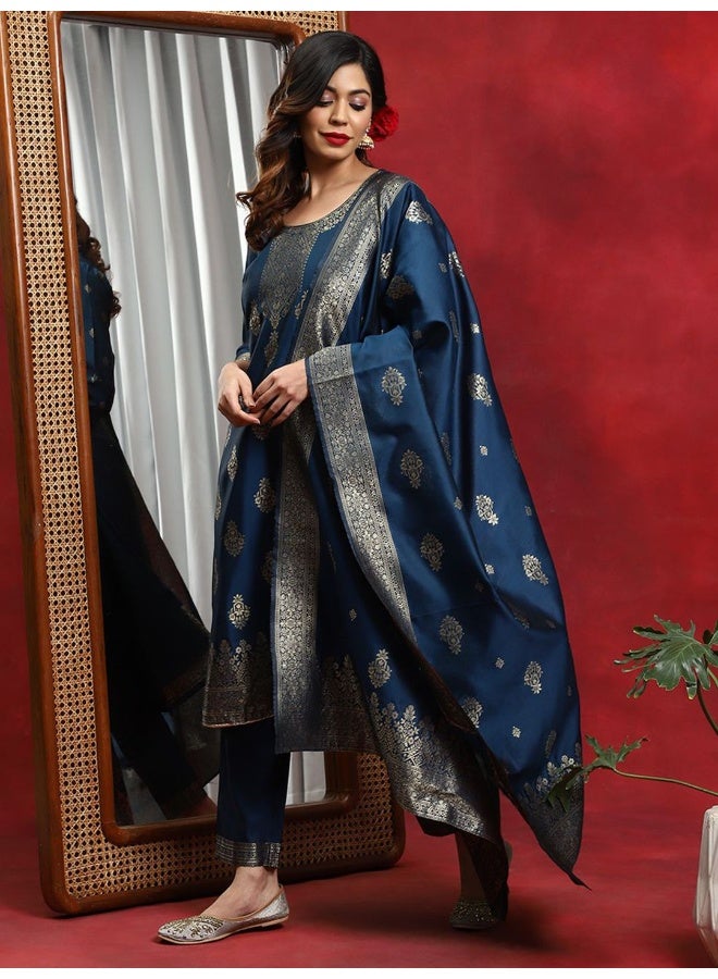 AKS Blue Woven Design Taffeta Kurta & Pant With Dupatta Set  - Image 1