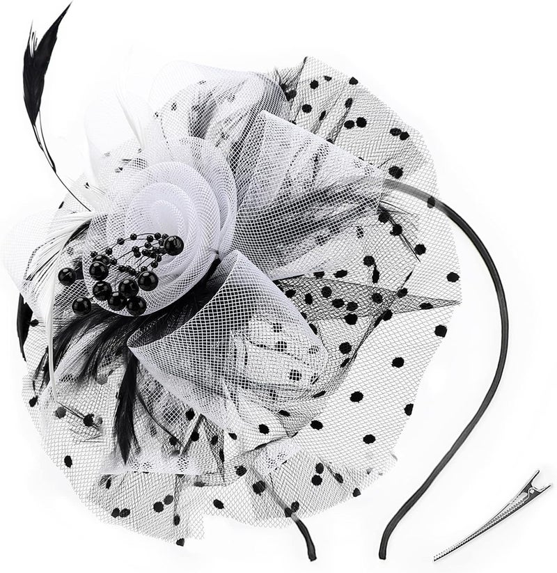 DRESHOW Fascinators Hat Flower Mesh Ribbons Feathers on a Headband and a Clip Tea Party Headwear for Girls and Women - Image 1