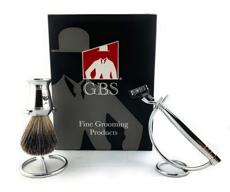 GBS Modern Shaving Set Compatible Razor with 3 Blade Lubricated Strip Cartridge Badger Shaving Brush with Chrome Handle Stainlesssteel Razor and Brush Stand