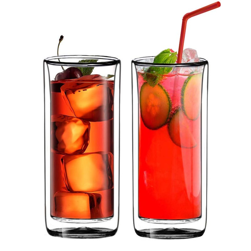Suns Tea Set of 2 20oz 600ml Ultra Clear Strong Double Wall Insulated Thermo Glass Tumbler V3 Highball Glass for Beercocktaillemonadeiced TeaSmoothie Real Borosilicate Glass Not Plastic
