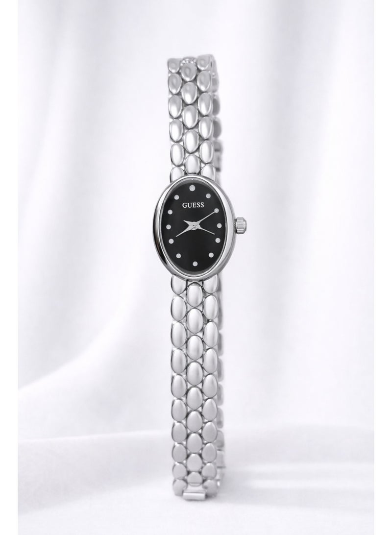 Guess Women’s Silver-Tone Stainless Steel Analog Watch – Black Dial
