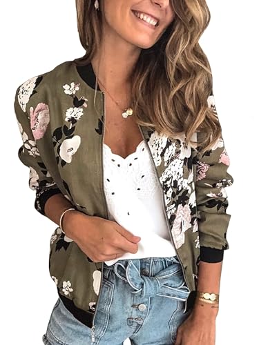 ECOWISH Women's Casual Floral Zip Up Bomber Jacket Coat Lightweight Short Camo No Lining Outwear Tops Windbreaker with Pocket 333 Army Green X-Large - Image 1