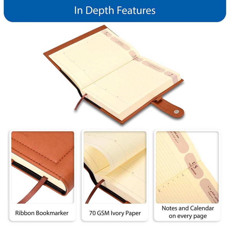 FIS مفكرة أجندة FIS 2026، 170x240 مم، غلاف إيطالي PU مبطن ومخيط من الجانبين، حلقة مع قفل مغناطيسي، صفحة واحدة في اليوم، عربي/إنجليزي، ورق إيطالي عاجي 70 جرام، غلاف بني - FSDI61026AEBR - Image 5