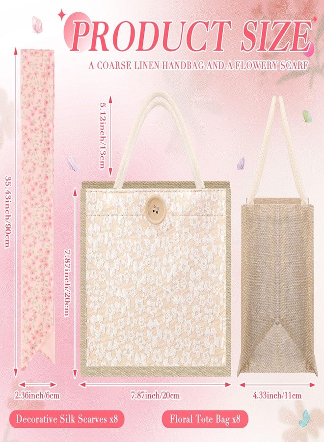 Abbylike 8 Pcs Small Floral Jute Tote Bag Burlap Reusable Embroidered Canvas Gift Bag with Handle Ribbon for Women Wedding Favor (Khaki Floral - Image 3