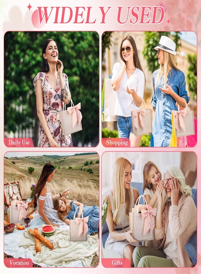 Abbylike 8 Pcs Small Floral Jute Tote Bag Burlap Reusable Embroidered Canvas Gift Bag with Handle Ribbon for Women Wedding Favor (Khaki Floral - Image 5