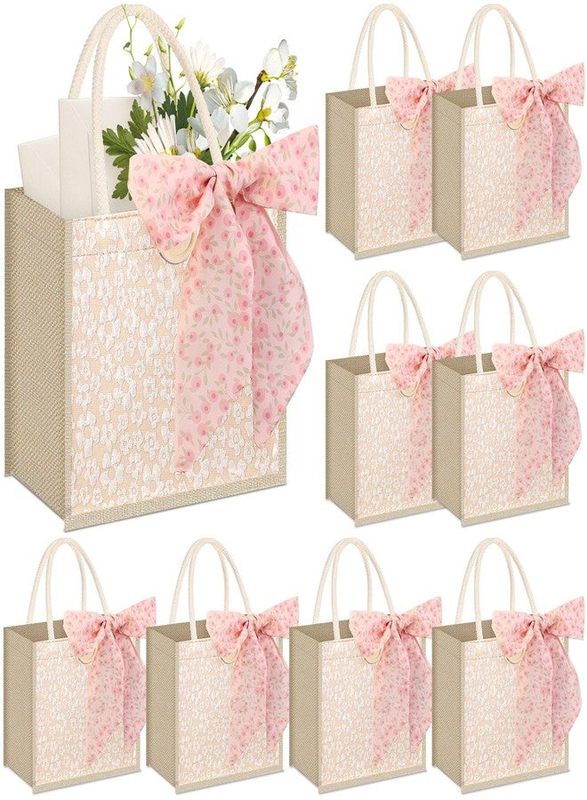 Abbylike 8 Pcs Small Floral Jute Tote Bag Burlap Reusable Embroidered Canvas Gift Bag with Handle Ribbon for Women Wedding Favor (Khaki Floral - Image 1