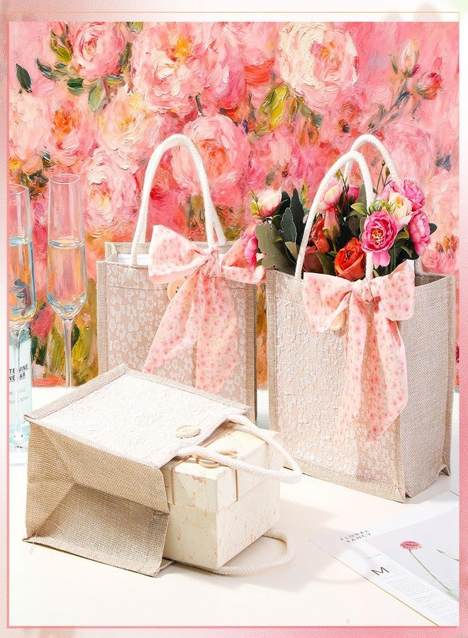 Abbylike 8 Pcs Small Floral Jute Tote Bag Burlap Reusable Embroidered Canvas Gift Bag with Handle Ribbon for Women Wedding Favor (Khaki Floral - Image 2
