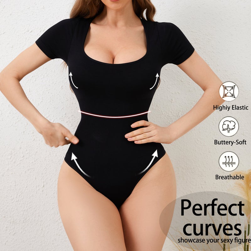 Seamless Square Neck Shapewear Bodysuit - Short Sleeve Thong - Image 1