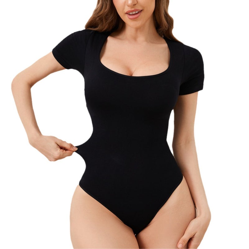 Seamless Square Neck Shapewear Bodysuit - Short Sleeve Thong - Image 5