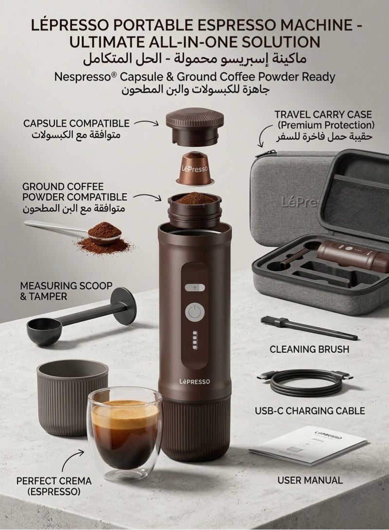 LePRESSO Portable 2-in-1 Espresso Maker with Capsule & Powder Compatibility / 20-Bar Pressure / Built-in Battery / Heating Function / Quick Brewing / Compact Size - Brown - Image 4