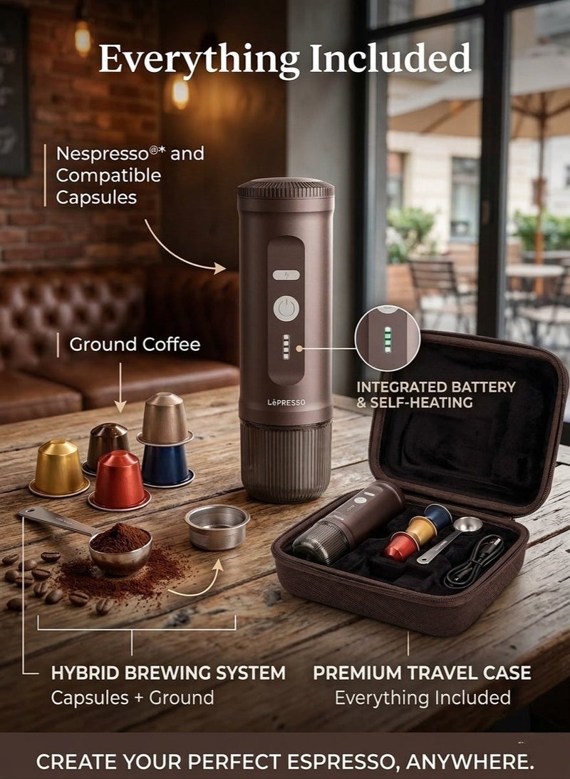 LePRESSO Portable 2-in-1 Espresso Maker with Capsule & Powder Compatibility / 20-Bar Pressure / Built-in Battery / Heating Function / Quick Brewing / Compact Size - Brown - Image 5