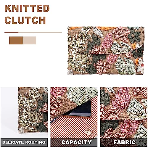 QTKJ Envelope Package, Clutch Purses for Women, Sequin Embroidered Flowers Straw Bag, Bohemian Handmade Handbags, Beach Bag for Vacation, Travel (Silver) - Image 3