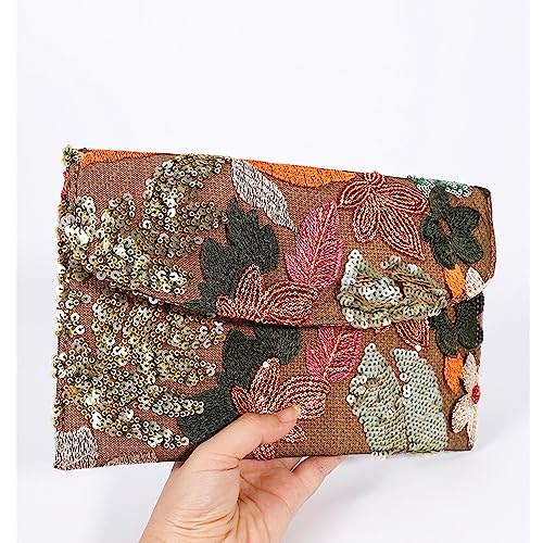 QTKJ Envelope Package, Clutch Purses for Women, Sequin Embroidered Flowers Straw Bag, Bohemian Handmade Handbags, Beach Bag for Vacation, Travel (Silver) - Image 4