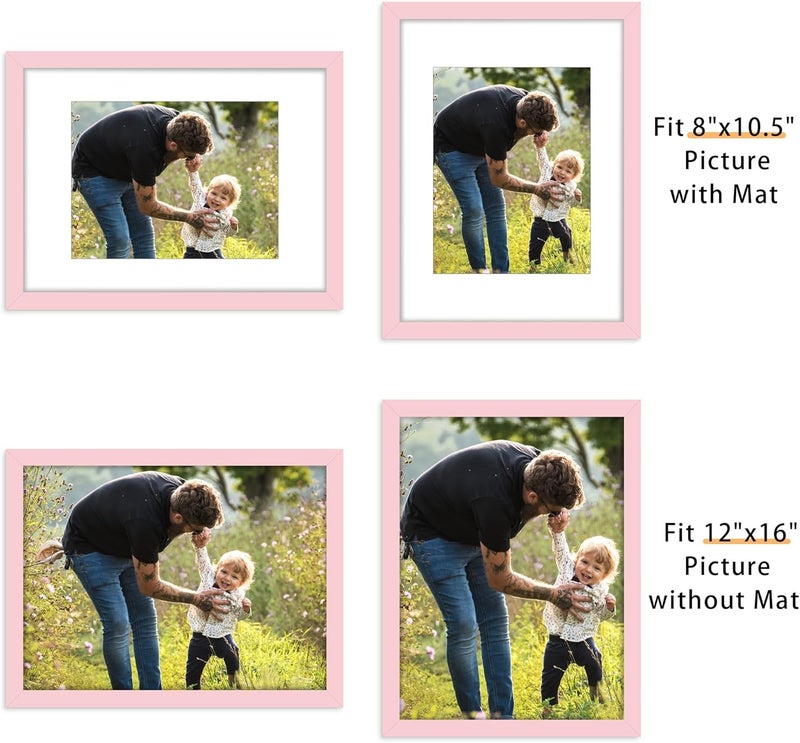 Picrit 12x16 Picture Frame Set of 12, Display 8.5x11 with Mat or 12x16 Without Mat, Photo Frames for Wall Mounting Display, Pink - Image 2